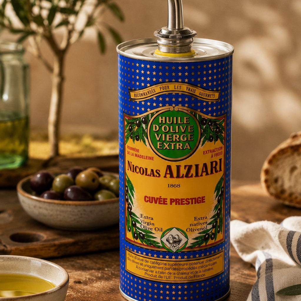 Bidon de 1 L Nicolas Alziari, cuvée Prestige, avec un bec verseur, du pain et des olives