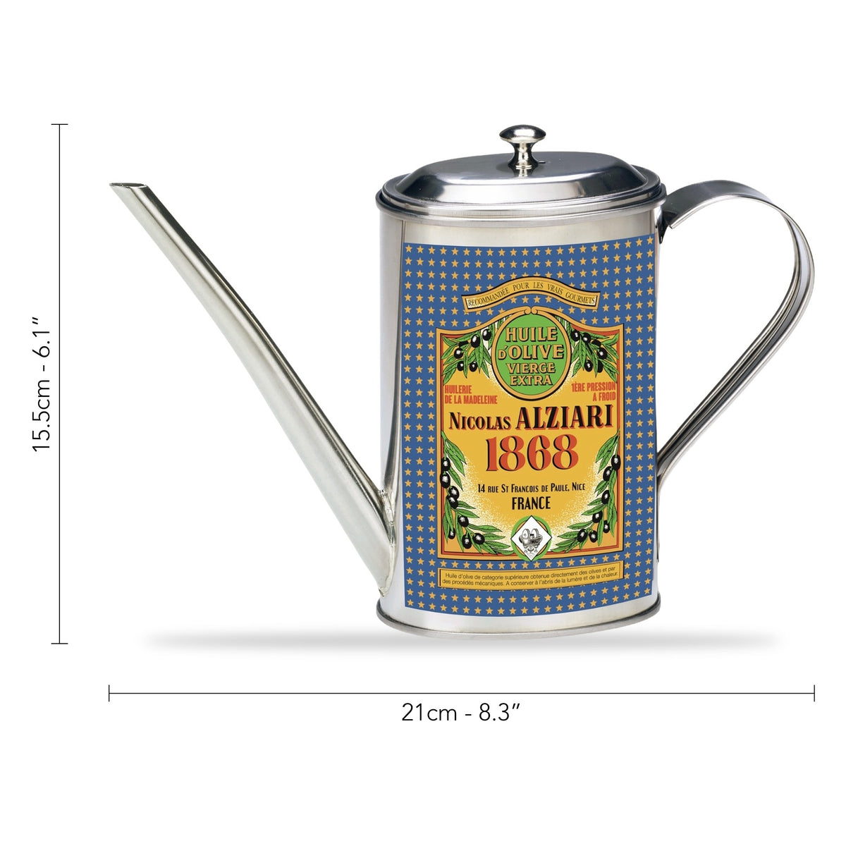 Olive Oil Cruet by Nicolas Alziari, dimensions