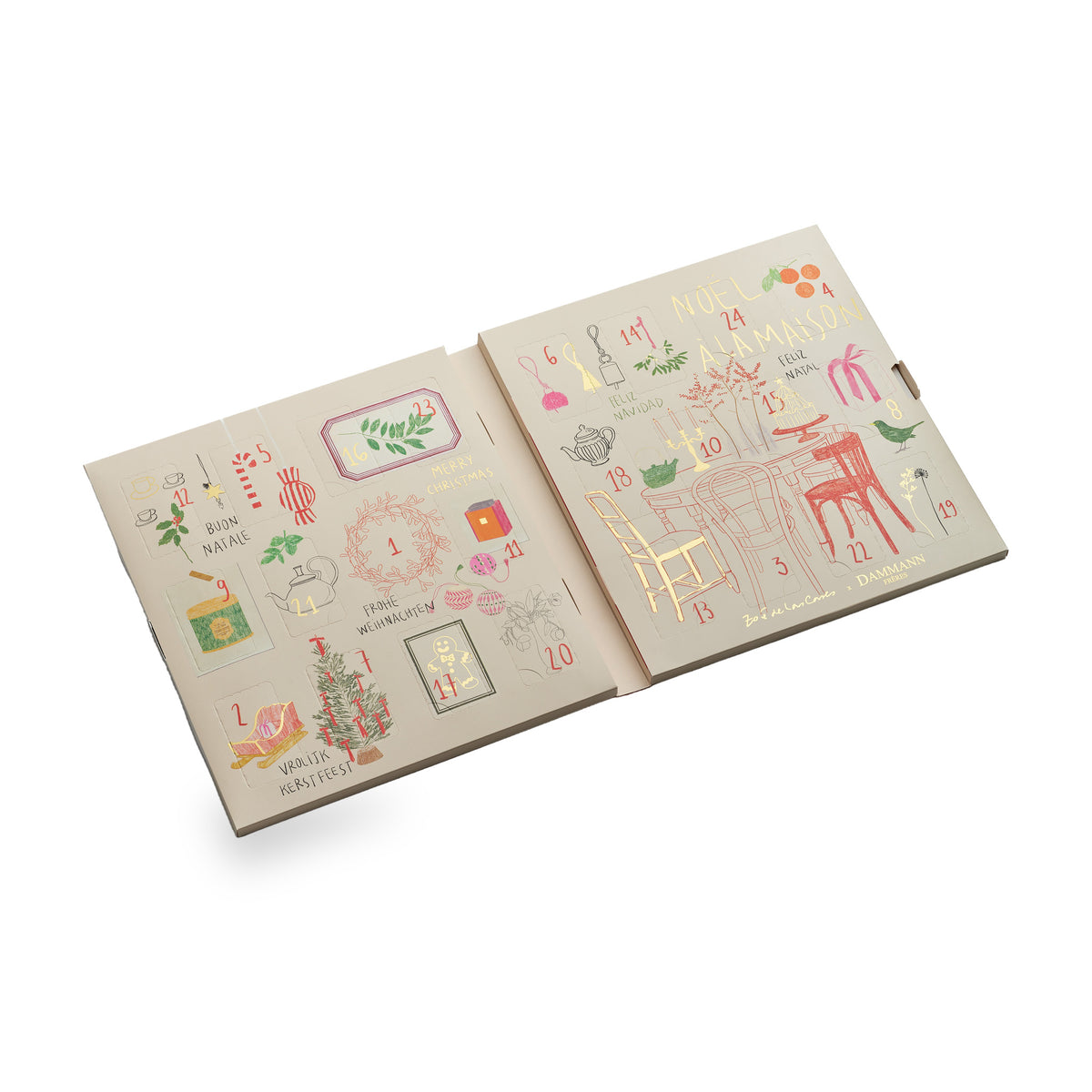 Calendrier de l’Avent Noël à la maison de Dammann Frères, coffret en forme de livre ouvert à plat sur ses 24 fenêtres