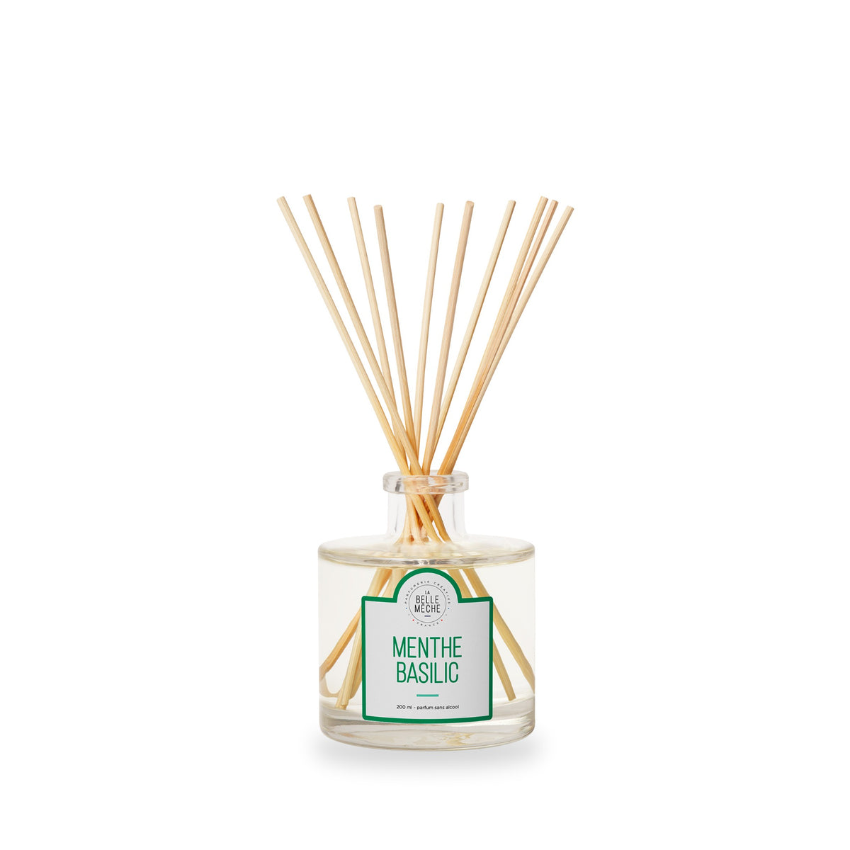 Diffuseur à bâtonnets Menthe Basilic de La Belle Mèche, pot en verre de 200 ml