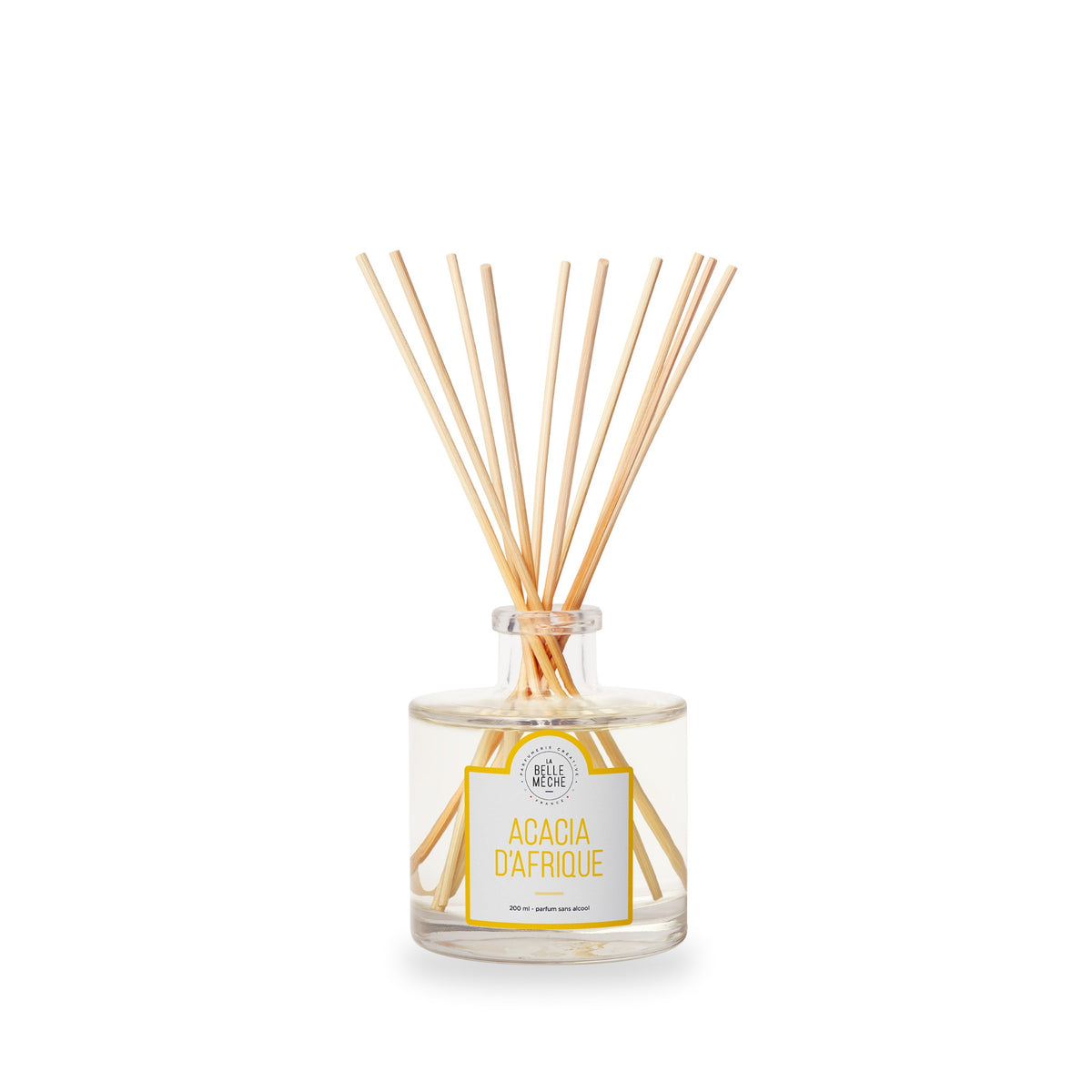 Diffuseur à bâtonnets Acacia d’Afrique de La Belle Mèche, pot en verre de 200 ml