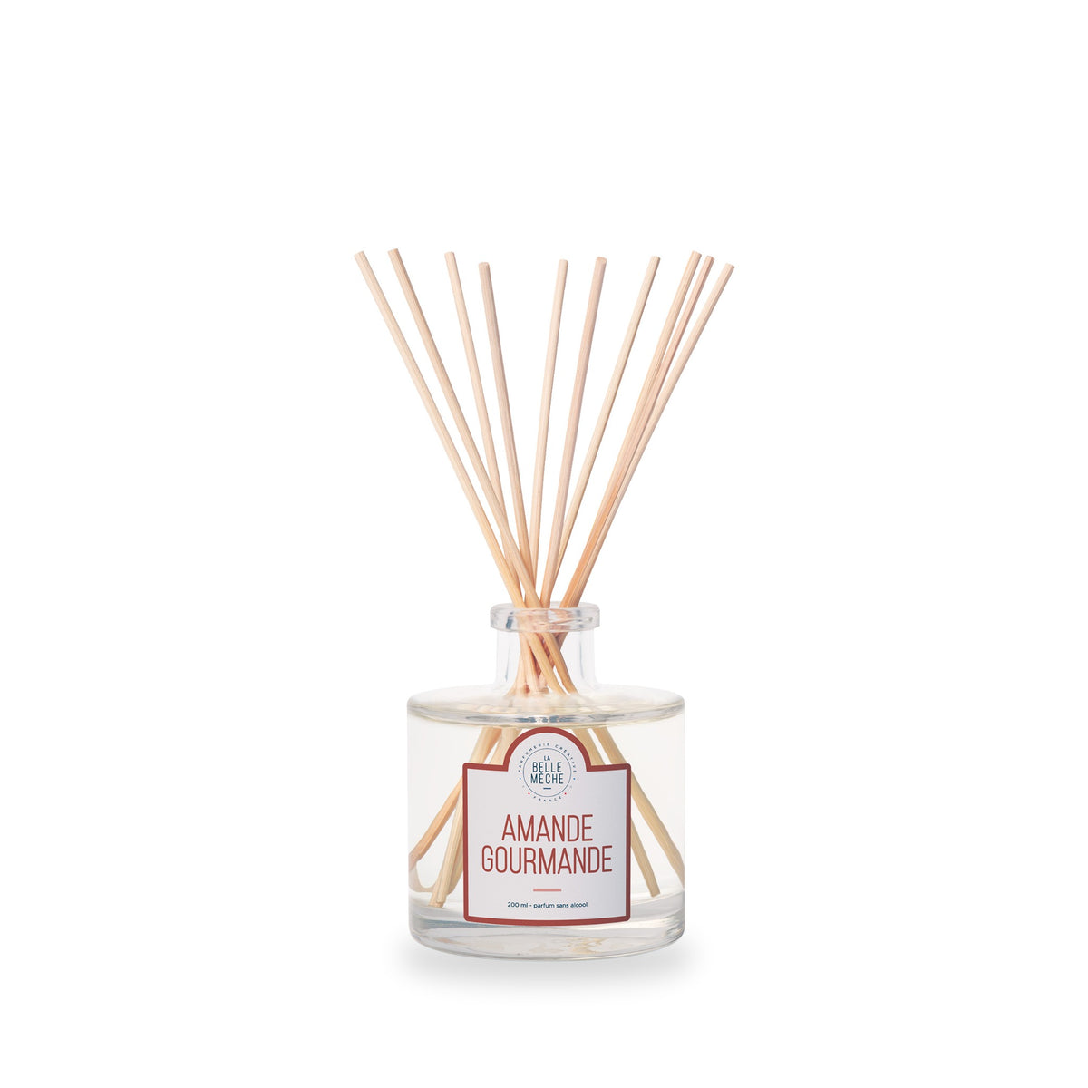 Diffuseur à bâtonnets Amande Gourmande de La Belle Mèche, pot en verre de 200 ml