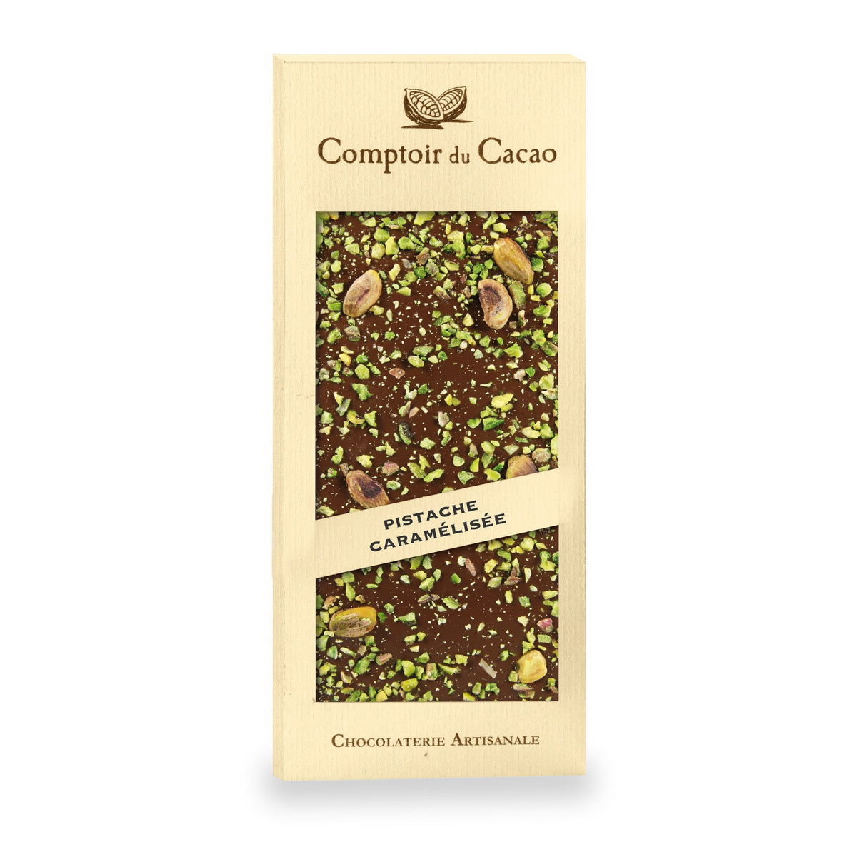 Tablette de chocolat au lait aux pistaches du Comptoir du Cacao, 90 g
