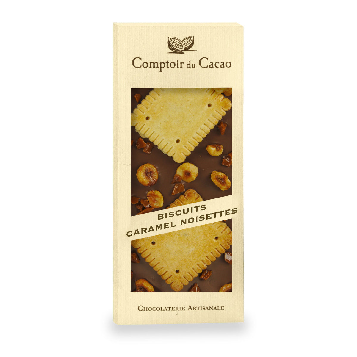 Tablette de chocolat au lait aux biscuits, caramel et noisettes du Comptoir du Cacao, 100 g