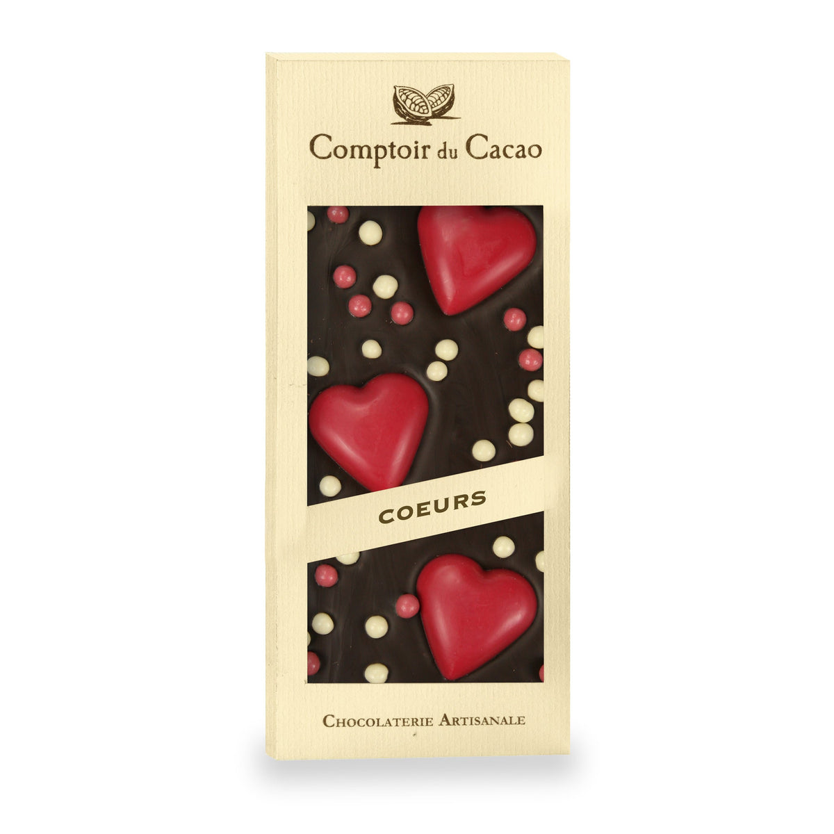 Tablette de chocolat noir aux cœurs rouges du Comptoir du Cacao, 90 g