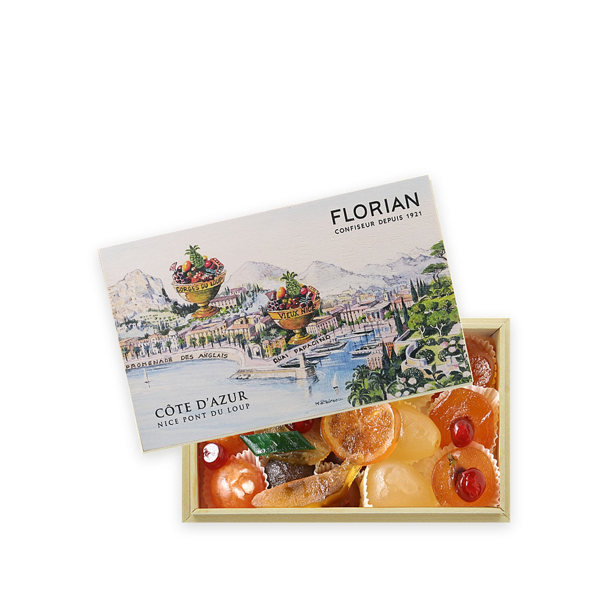 Fruits confits assortis de la Confiserie Florian, coffret en bois de 450 g