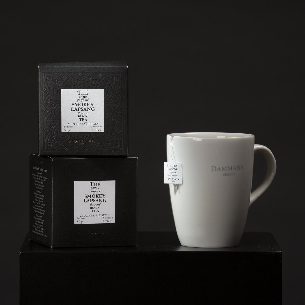 Dammann Frères Smokey Lapsang box with a porcelain mug