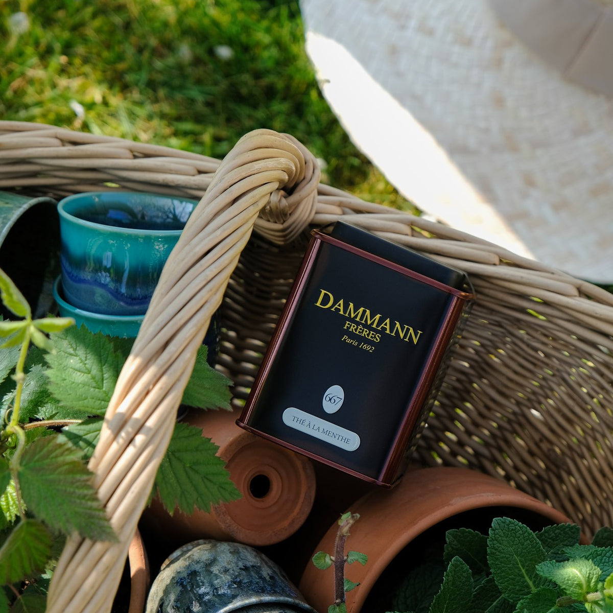 Boîte Thé à la Menthe N°667 de Dammann Frères dans un panier en osier, avec de la menthe fraîche et des pots en terre cuite