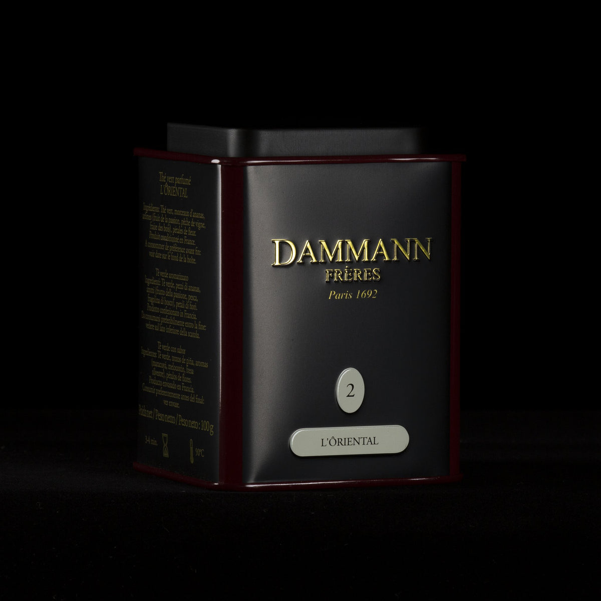 Dammann Frères L’Ôriental canister on a black background