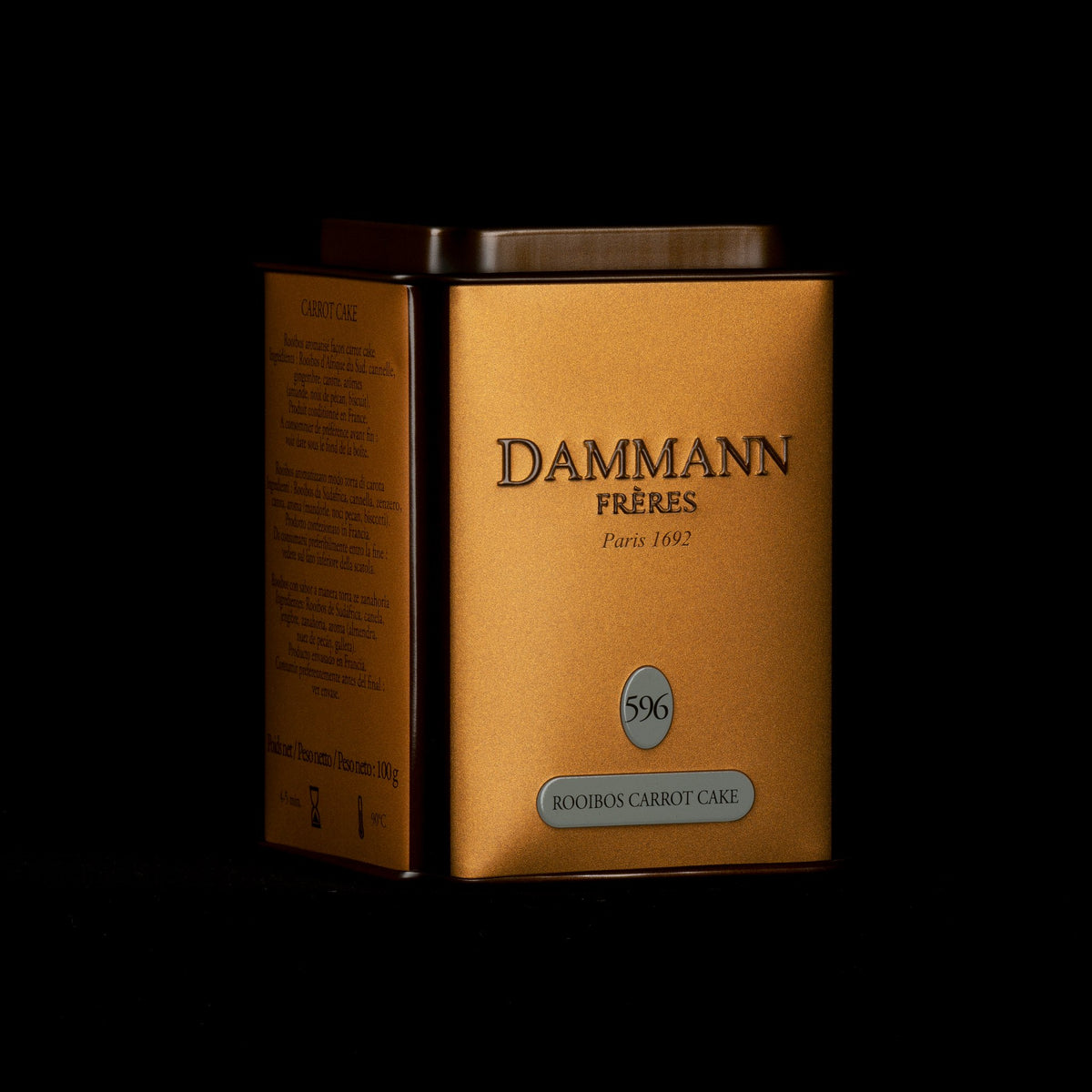 Dammann Frères Rooibos Carrot Cake canister on a black background