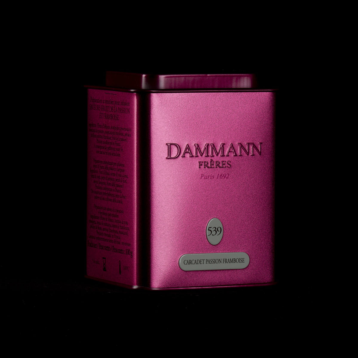 Dammann Frères Carcadet Passion Framboise canister on a black background