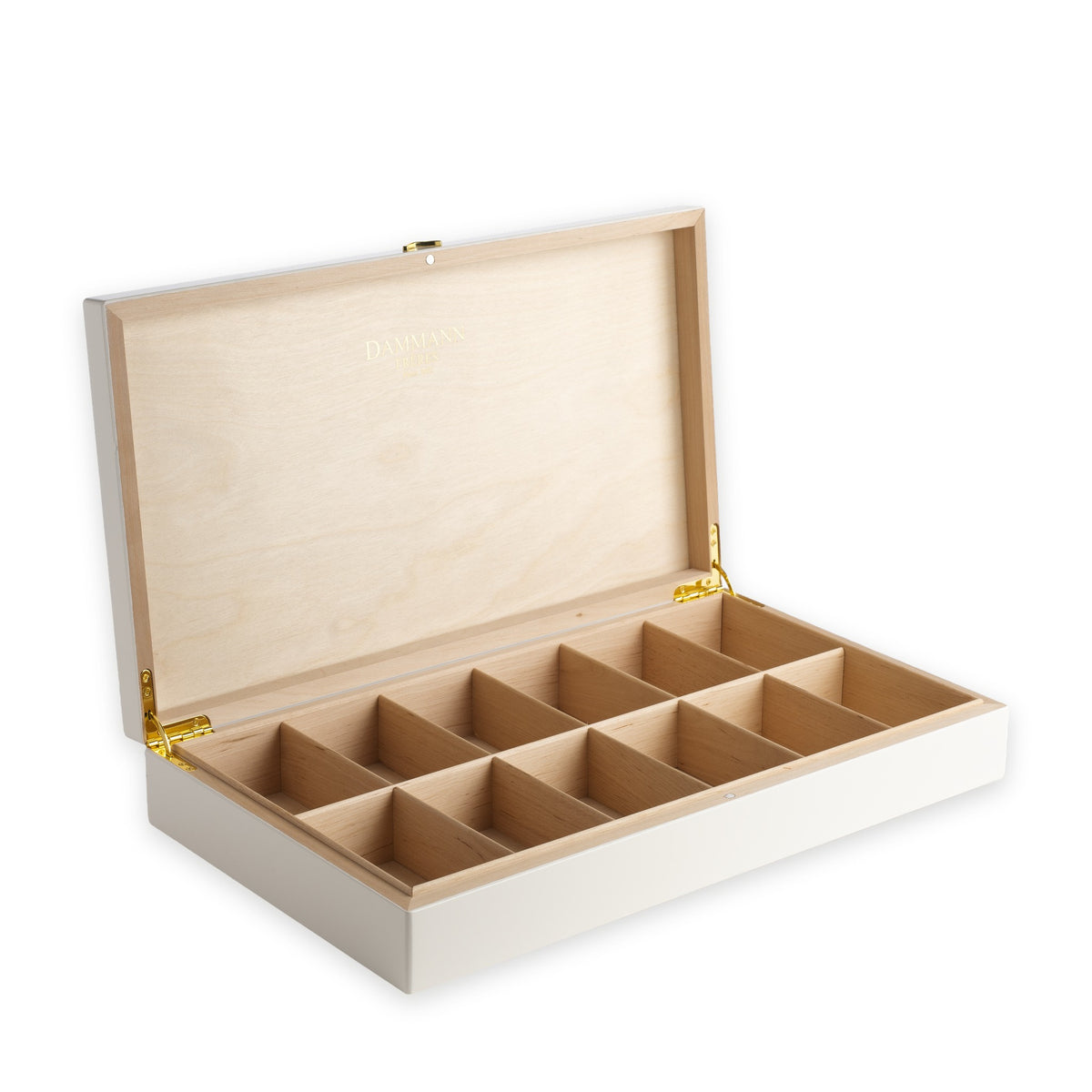Coffret Palace de Dammann Frères ouvert, avec ses 12 compartiments