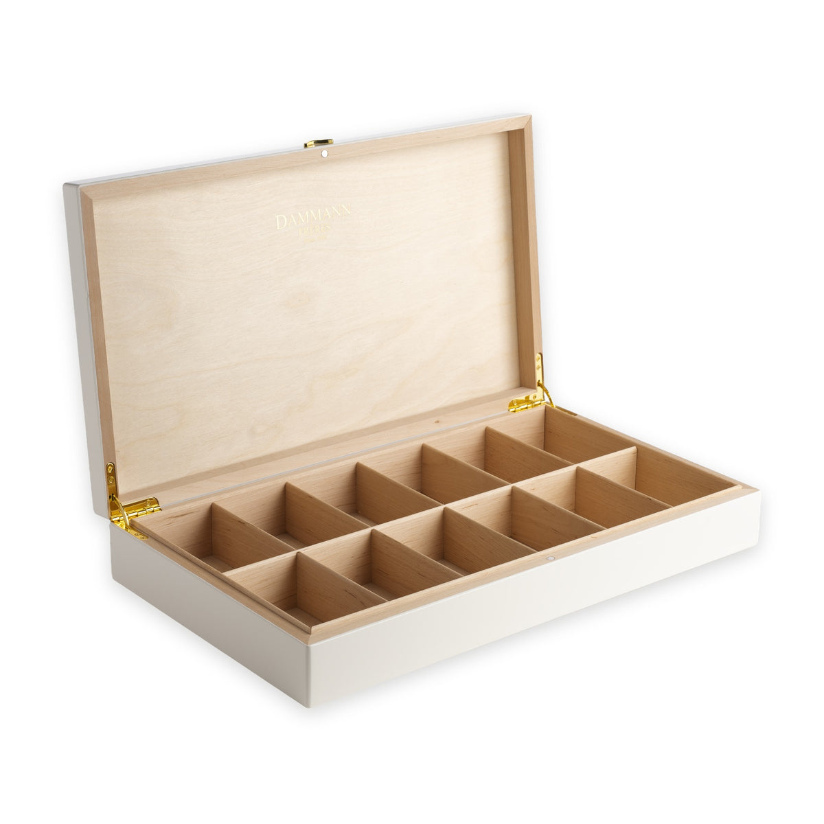 Palace Tea Box by Dammann Frères, open, showing its 12 compartments