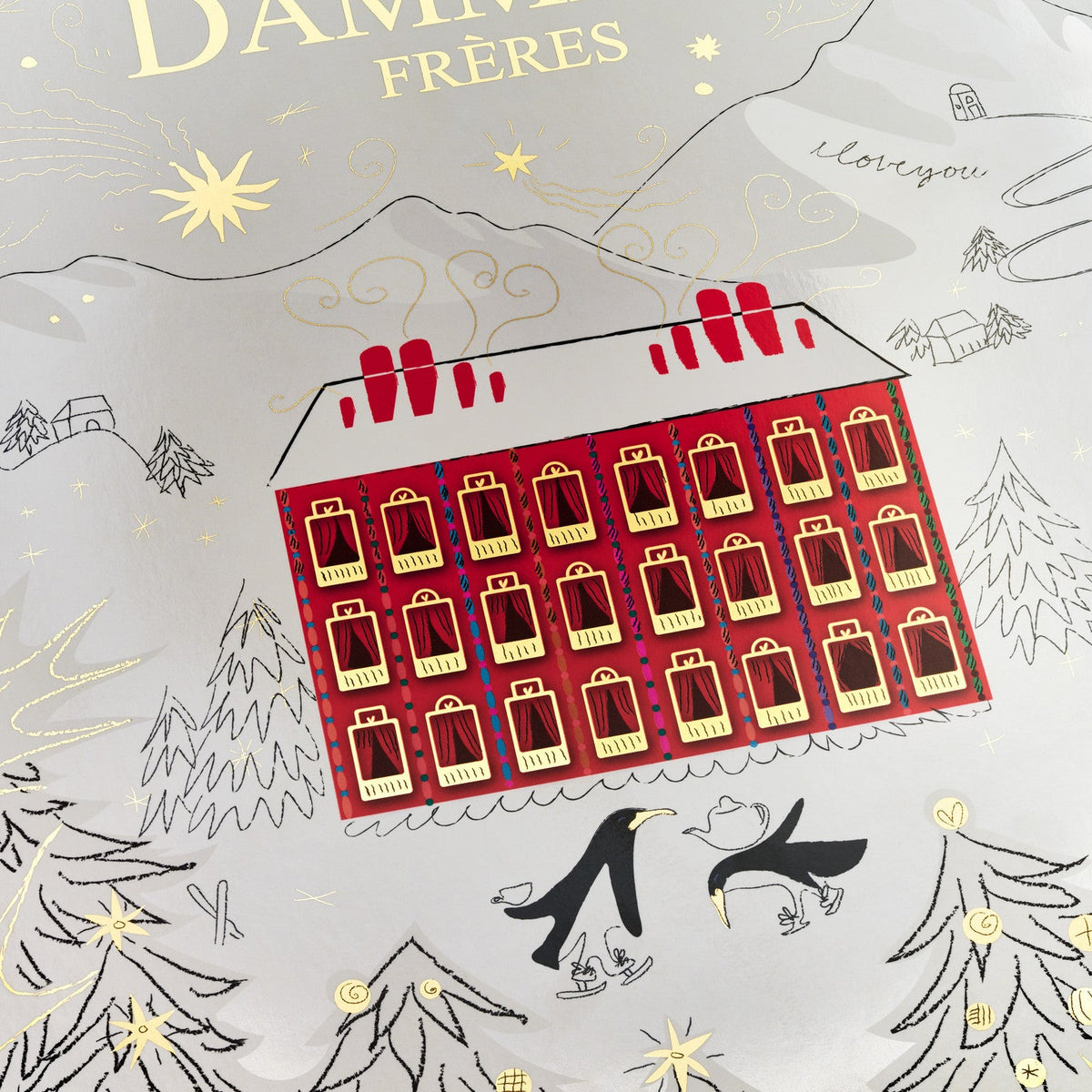 Calendrier de l’Avent Dammann Frères, gros plan sur la couverture illustrée et le palace enneigé
