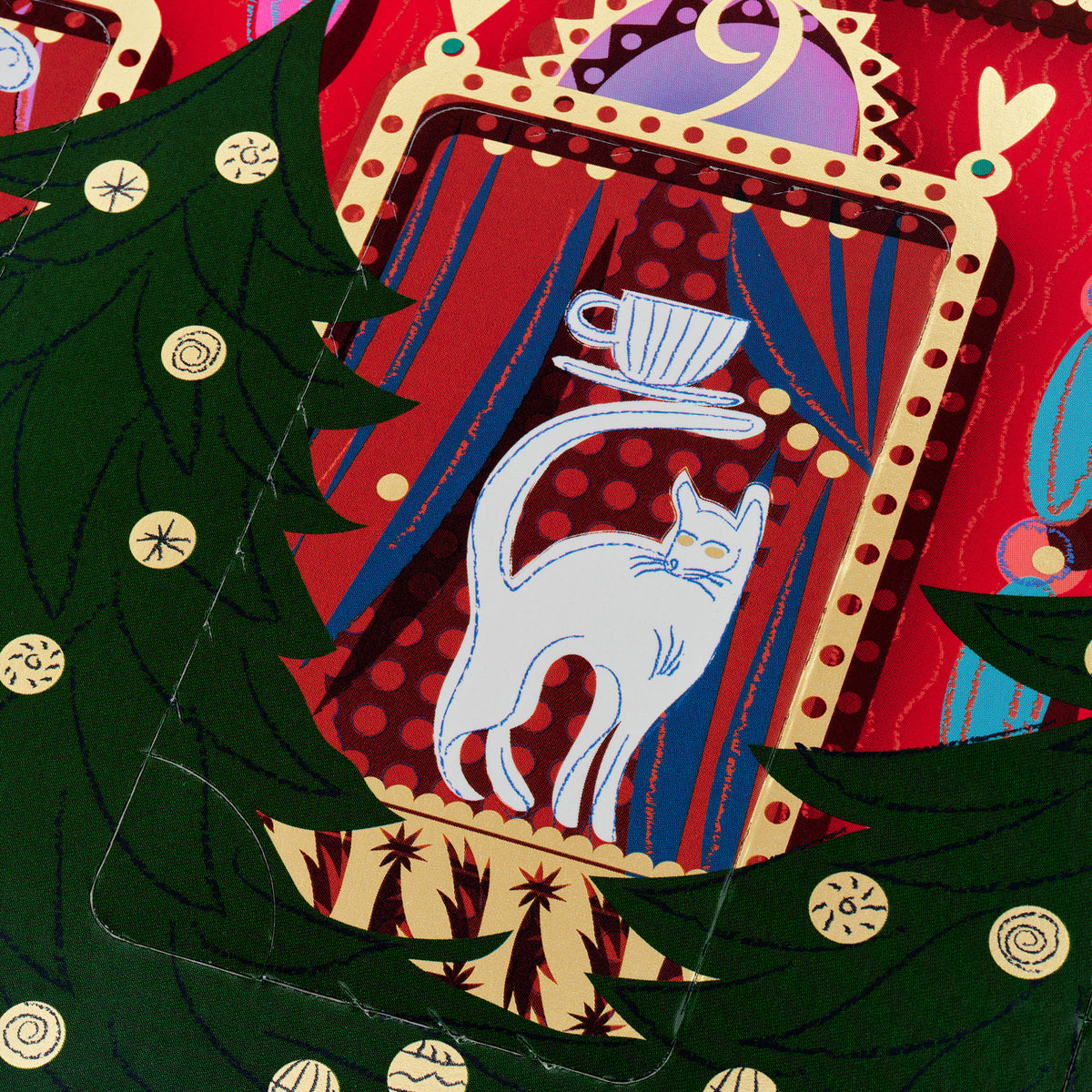 Advent Calendar by Dammann Frères, inside detail of an open window with a cat and a teacup