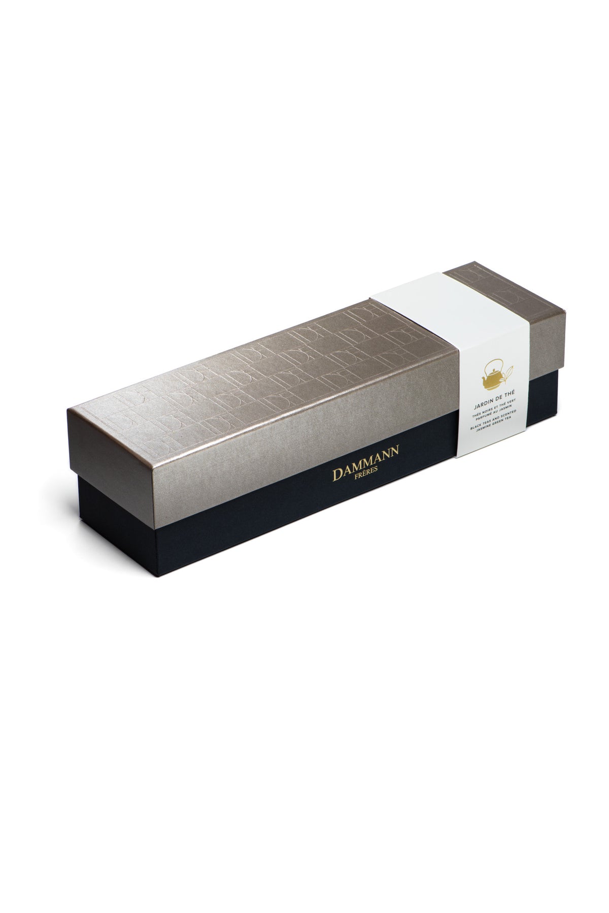 Coffret Jardin de Thé de Dammann Frères, coffret gris argenté, vue de trois quarts