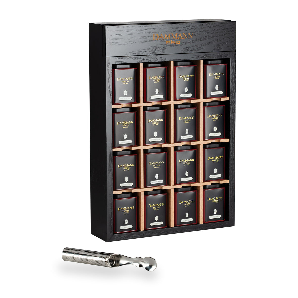 My Little Boutique de Dammann Frères, présentoir en bois avec 16 boîtes métal de thé et une cuillère-infuseur