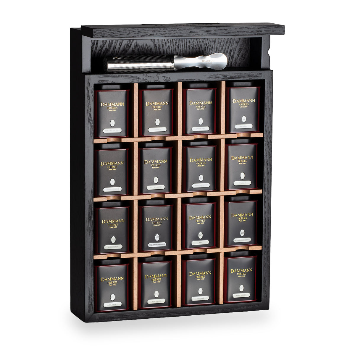 My Little Boutique de Dammann Frères, coffret noir ouvert avec 16 mini boîtes et une cuillère