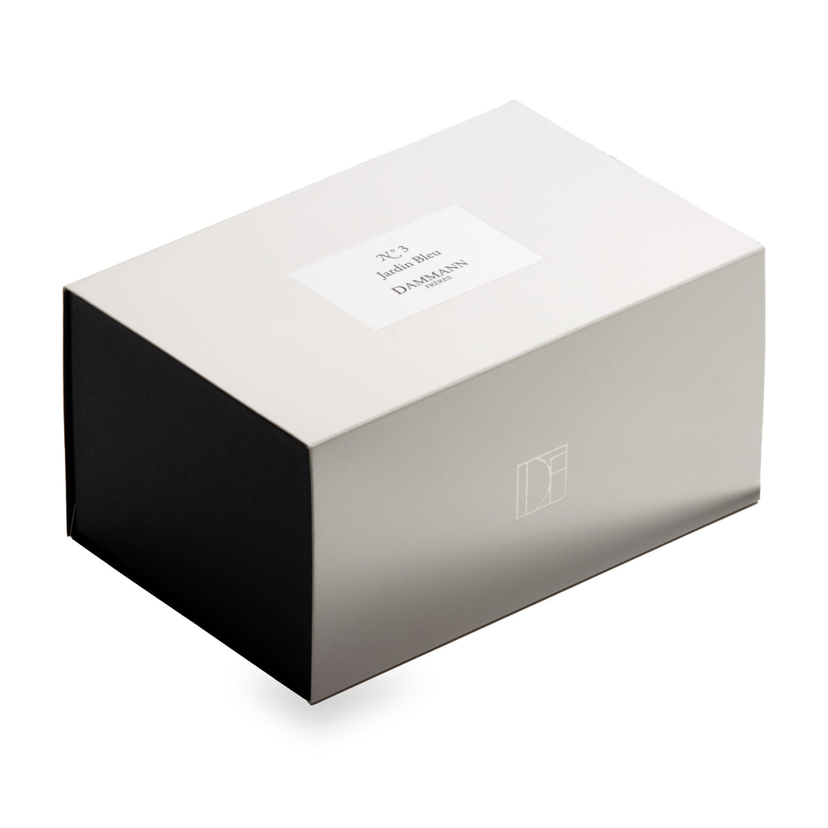 N°3 Jardin Bleu gift box by Dammann Frères, closed white drawer box