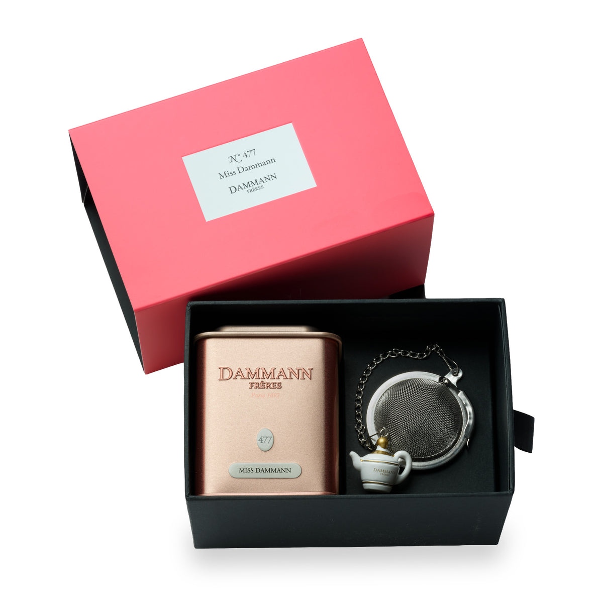 N°477 Miss Dammann gift box by Dammann Frères, open with a tea tin and a tea ball infuser