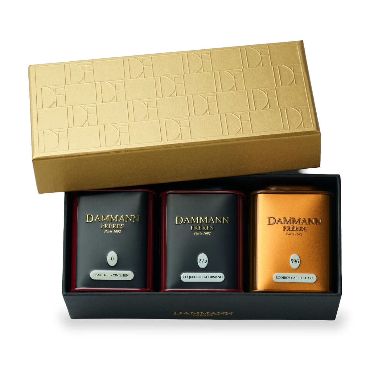 Jardin Gourmand Gift Set by Dammann Frères, open box with three tea tins