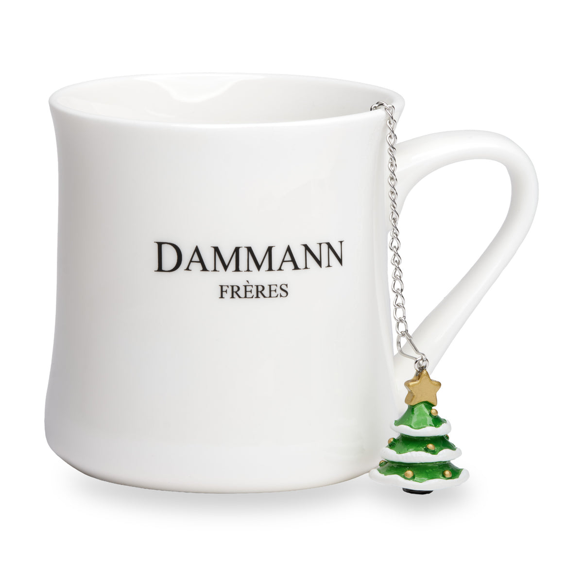 Boule à thé sapin de Noël de Dammann Frères accrochée à un mug Dammann Frères