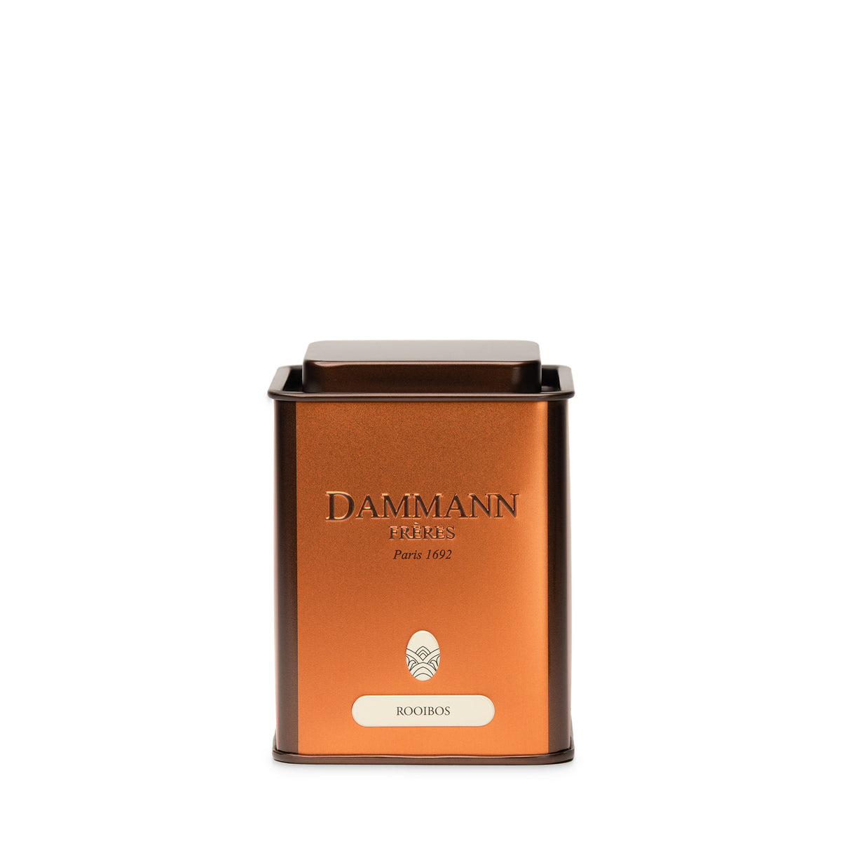 Boîte vide orange de Dammann Frères, petite boîte Rooibos de 100 g