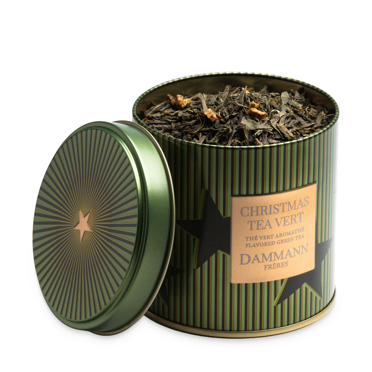 Christmas Tea Vert by Dammann Frères, open green metal canister with its lid