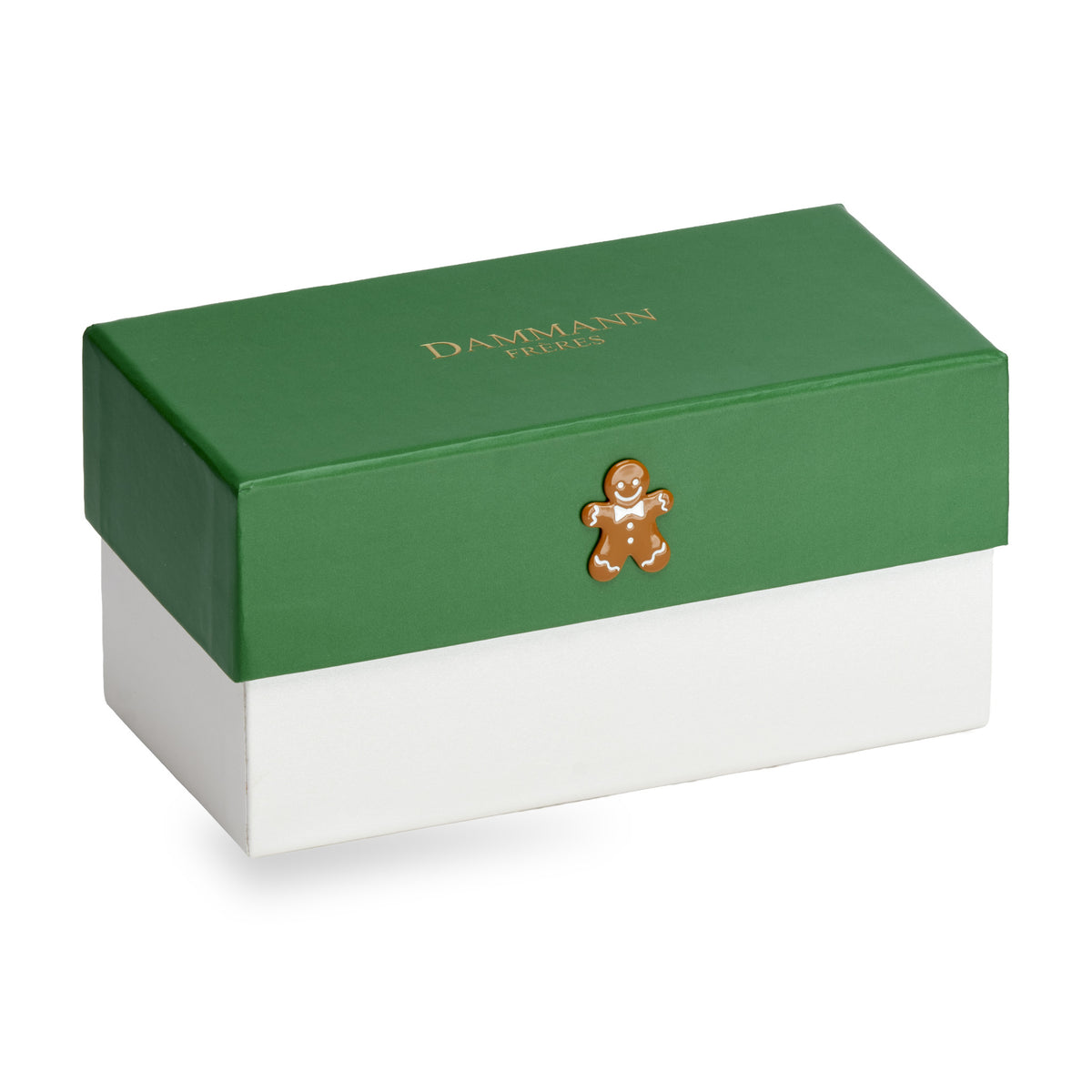 Coffret Let It Snow de Dammann Frères, boîte verte à médaillon bonhomme en pain d’épice