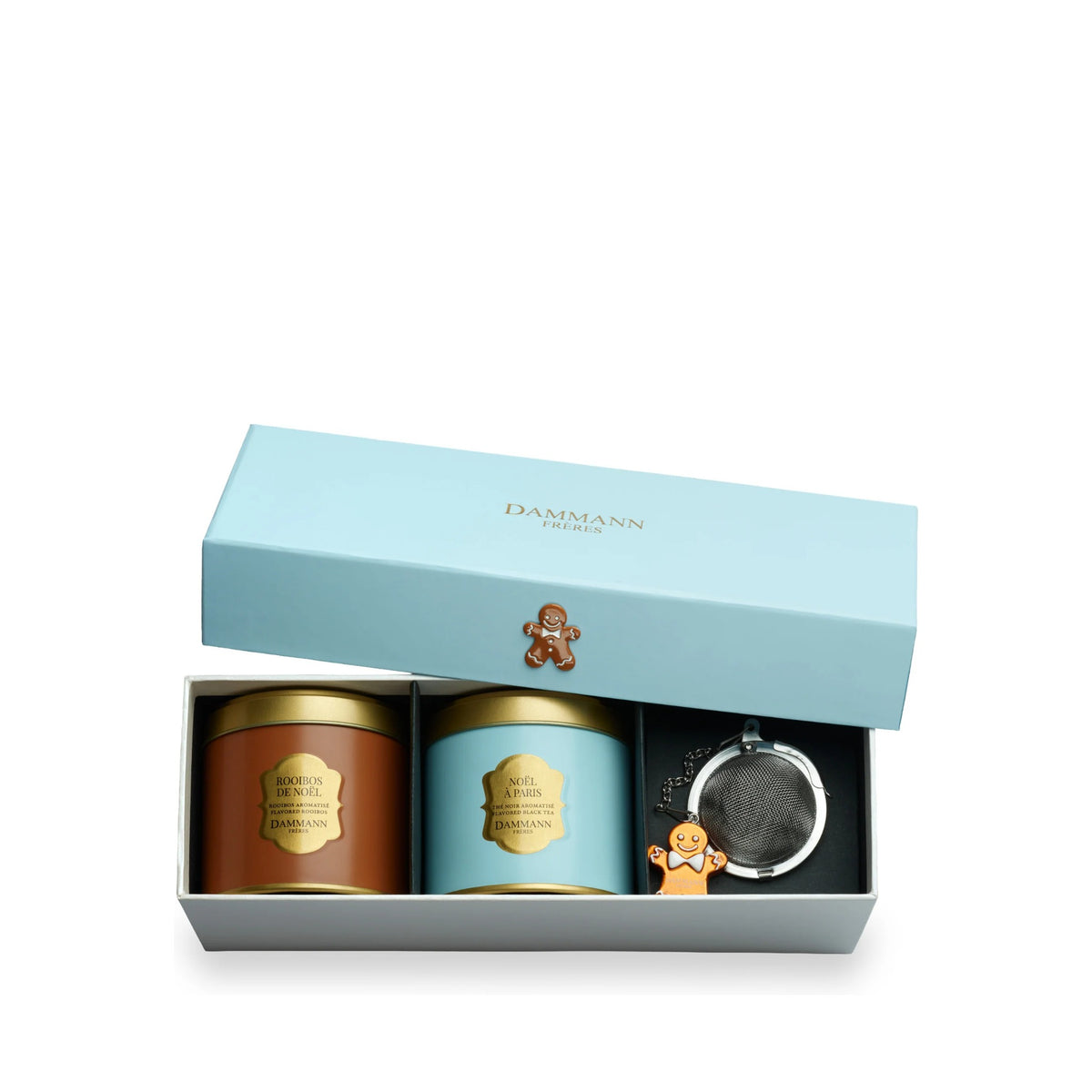 Noël Givré gift set by Dammann Frères, open box with two tins and a gingerbread man tea infuser
