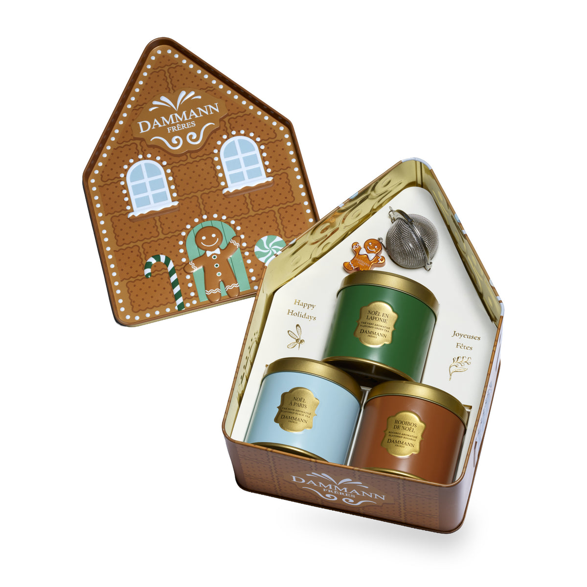 Candy Christmas de Dammann Frères ouvert, trois boîtes de thé et une boule à thé