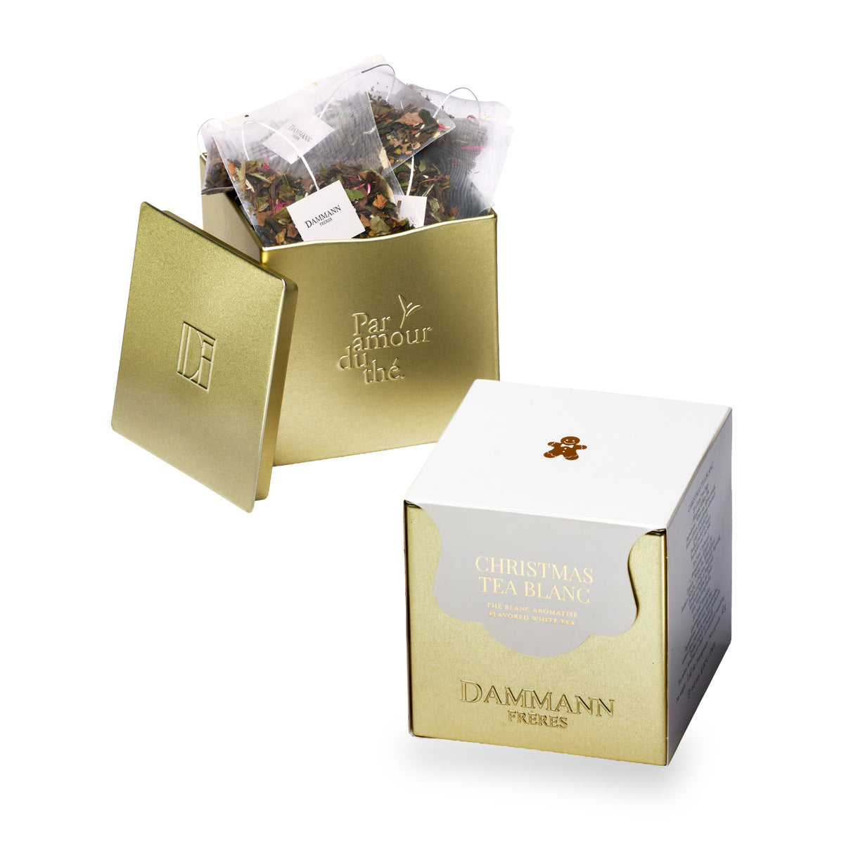 Christmas Thé Blanc de Dammann Frères, boîte dorée et sachets Cristal