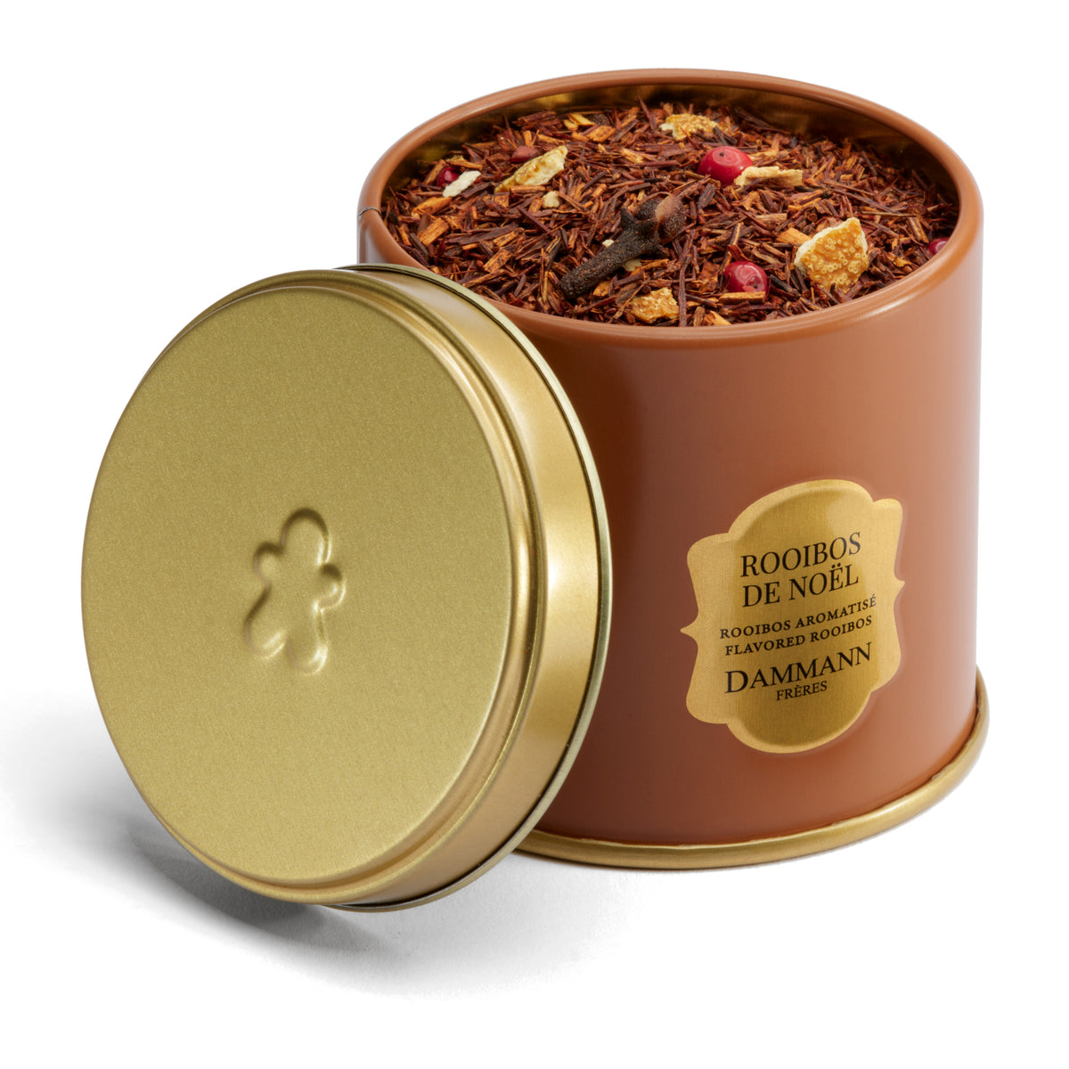 Rooibos de Noël by Dammann Frères, open tin showing the loose rooibos