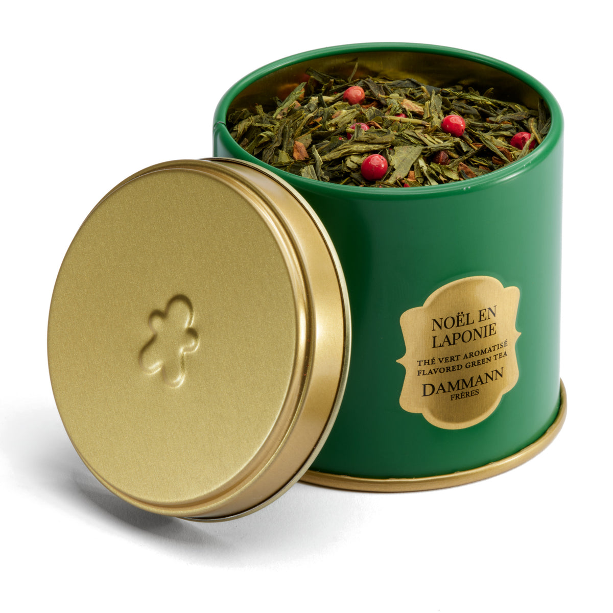 Noël en Laponie by Dammann Frères, open tin showing the loose-leaf green tea