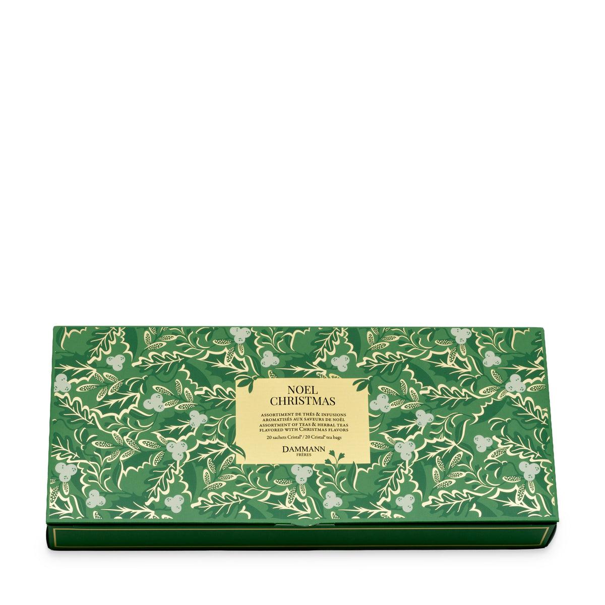 Assortiment de Noël 2026 de Dammann Frères, boîte vert foncé à motif de feuillage d’hiver