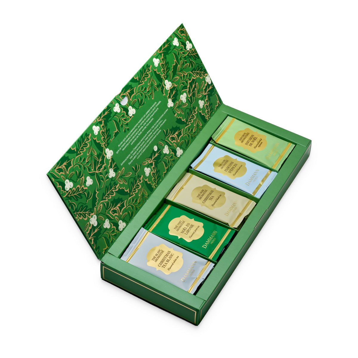 Assortiment de Noël 2026 de Dammann Frères, boîte ouverte et ses sachets Cristal suremballés