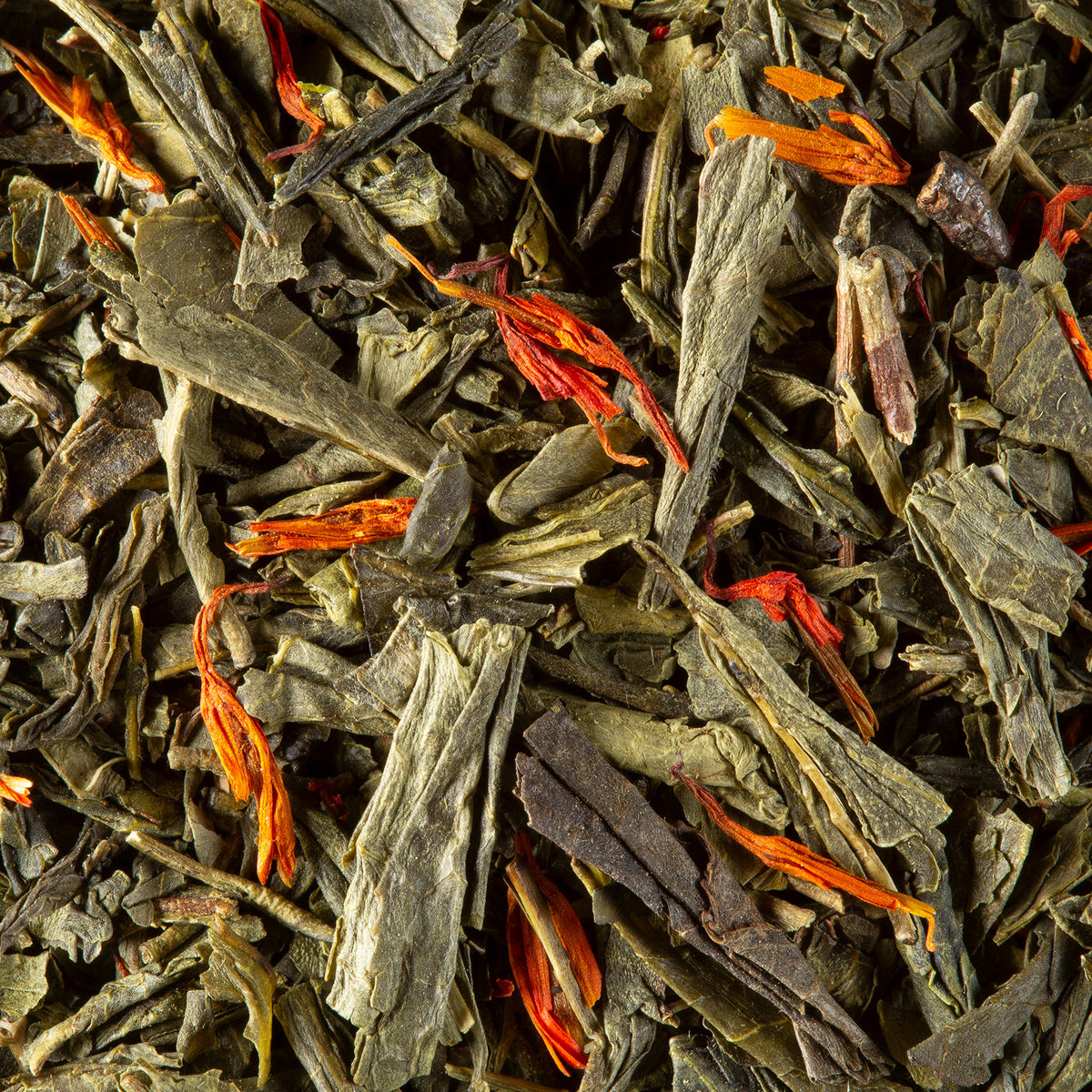 Close-up of Macaron Cassis Violette loose-leaf tea by Dammann Frères