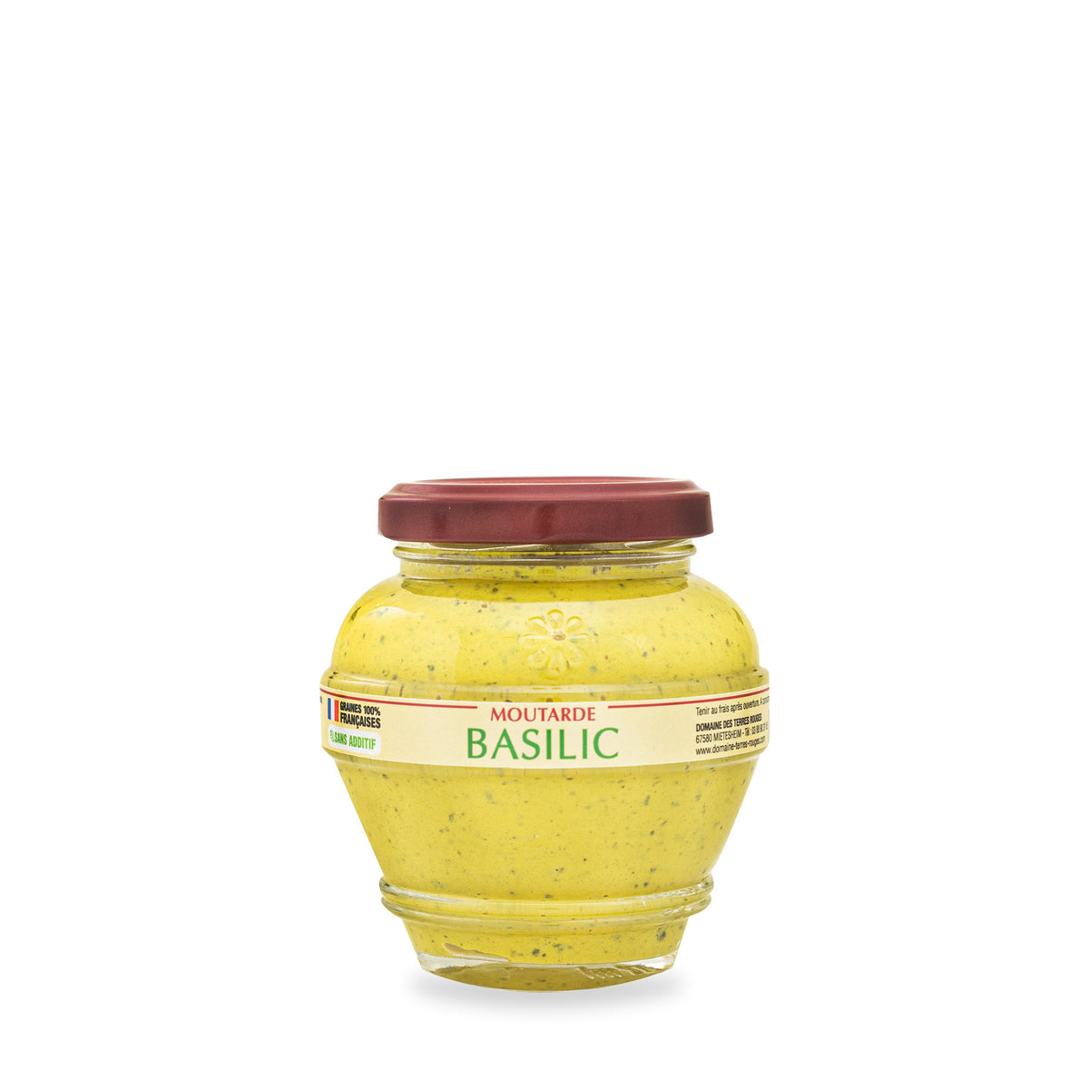 Moutarde au basilic du Domaine des Terres Rouges, pot en verre de 200 g
