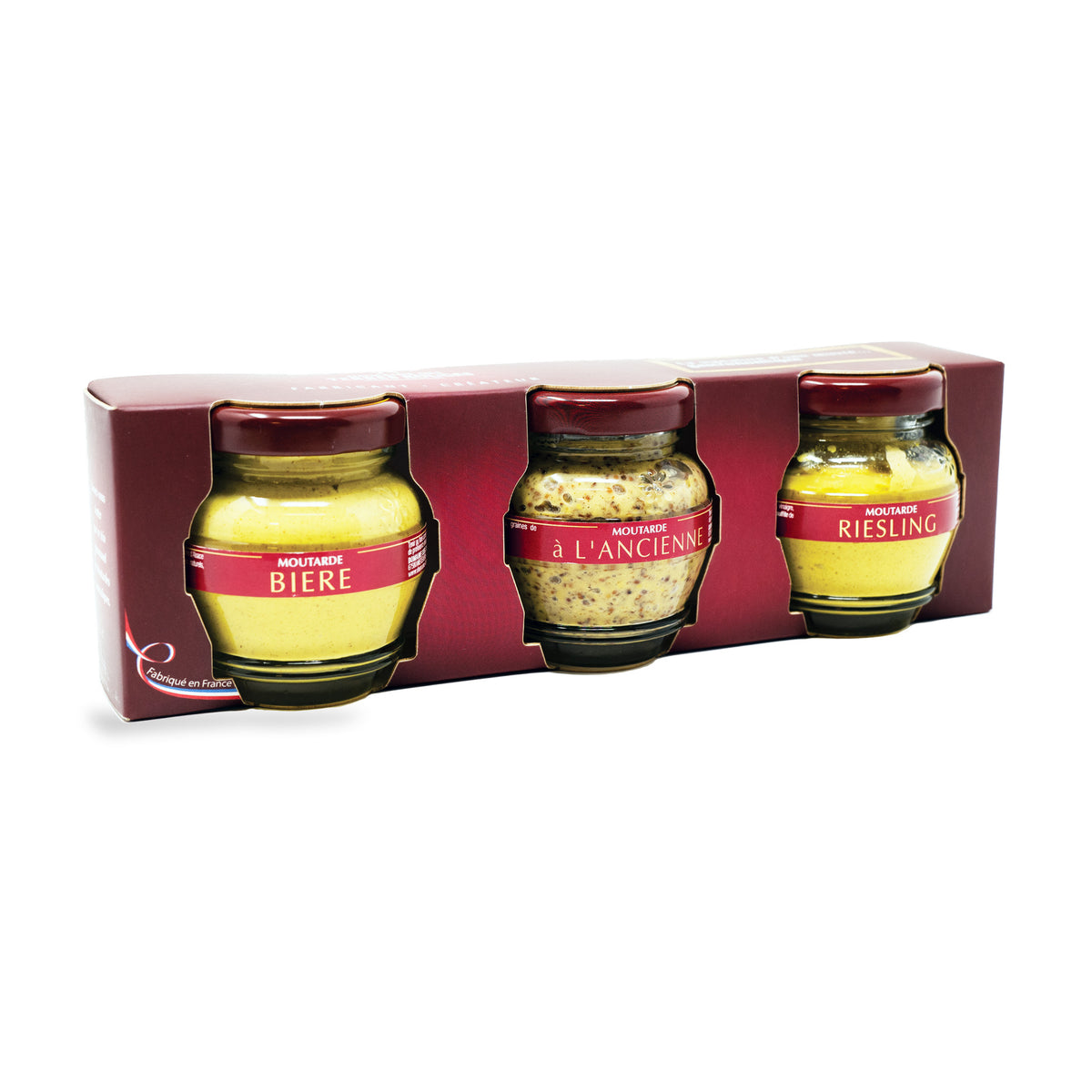 Coffret Trio Terroir du Domaine des Terres Rouges, moutardes à la bière, à l’ancienne et au riesling en pots en verre de 55 g