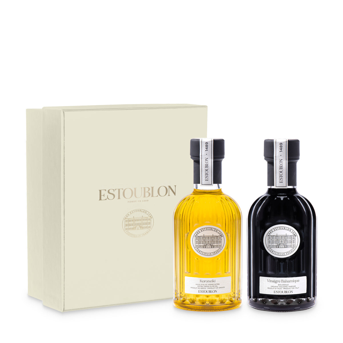 Coffret huile d’olive Koroneiki et vinaigre balsamique d’Estoublon, deux flacons de 200 ml et leur coffret