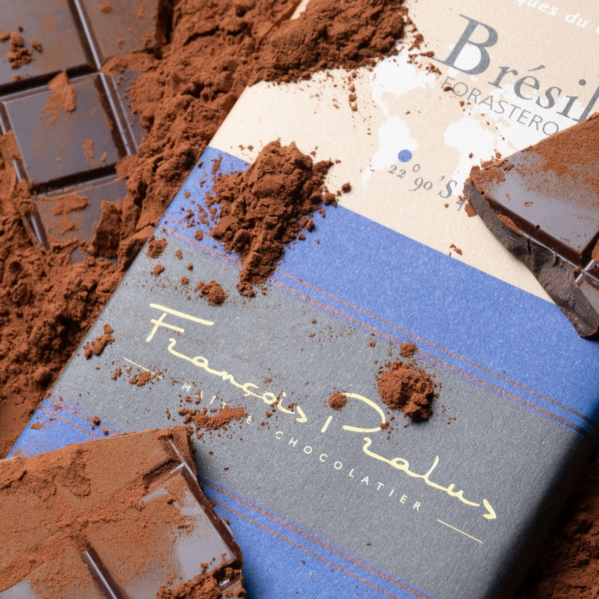 Brazil 75% Dark Chocolate Bar by François Pralus on cocoa powder