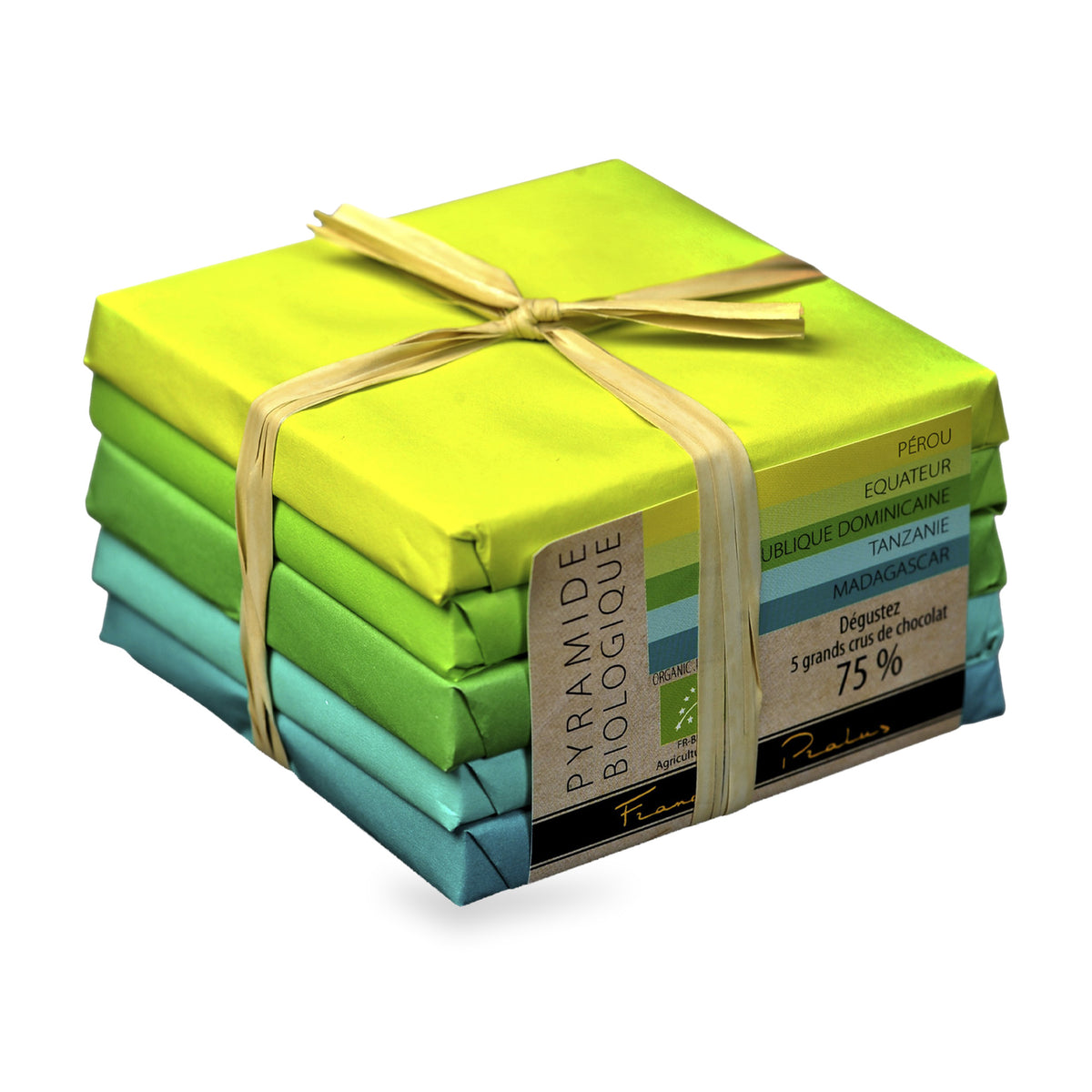 Pyramide biologique de François Pralus : cinq tablettes de 50 g dans leurs papiers de couleur, nouées de raphia