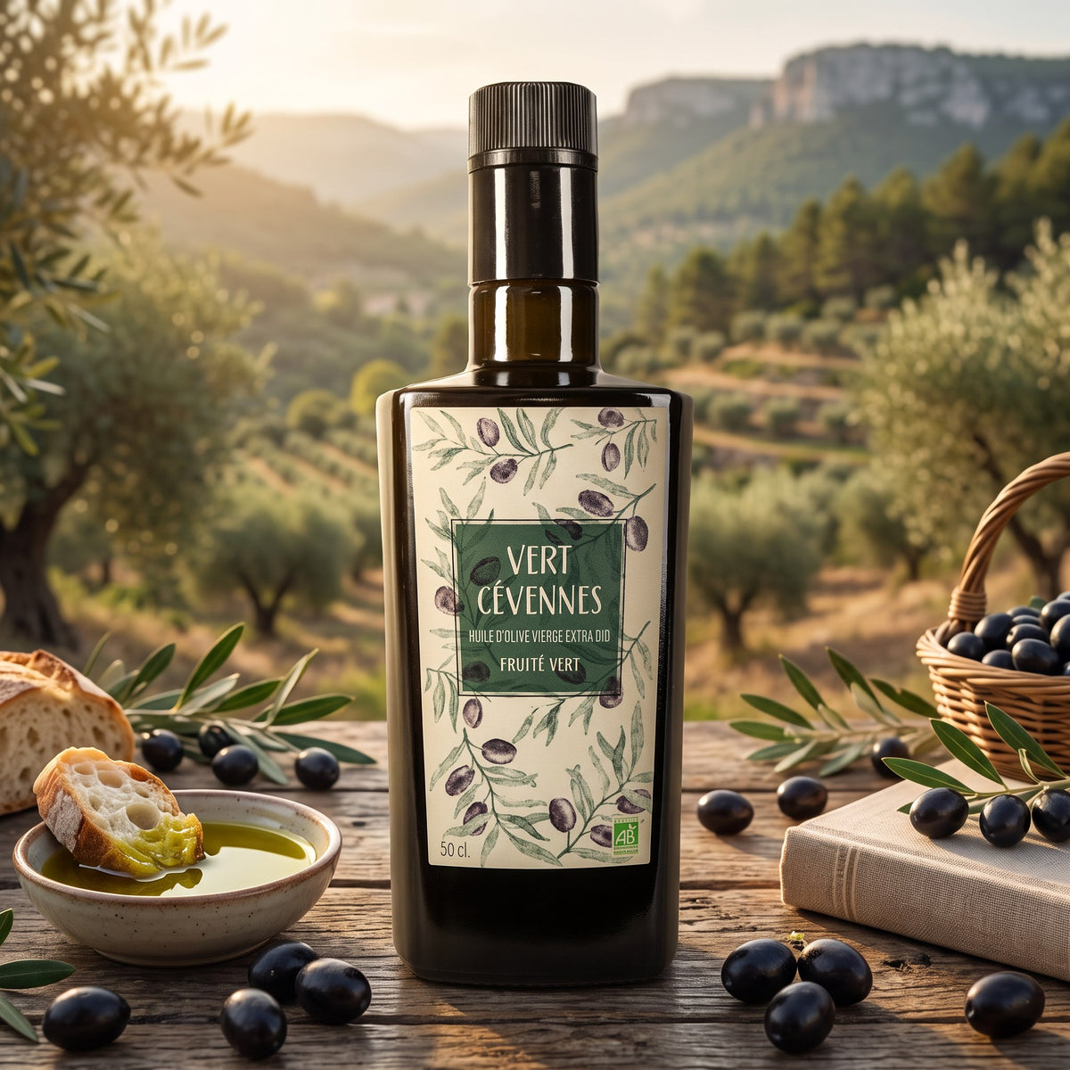 Huile d’olive biologique Vert Cévennes de La Magnanerie sur une table rustique surplombant les oliveraies