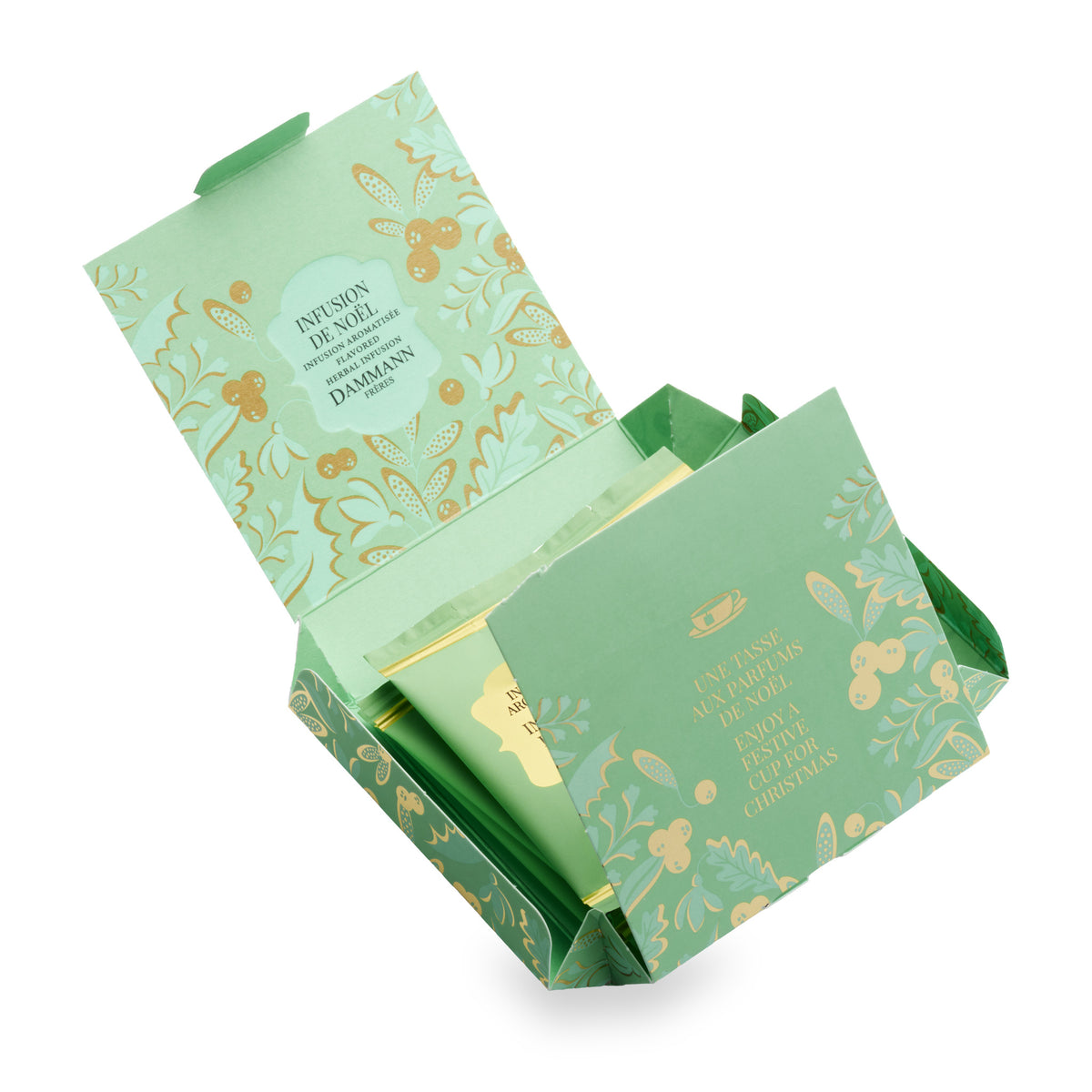 Infusion de Noël by Dammann Frères, open box of individually enveloped sachets