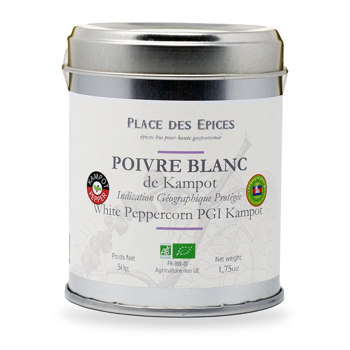 Poivre blanc de Kampot en grains Place des Épices dans sa boîte métal