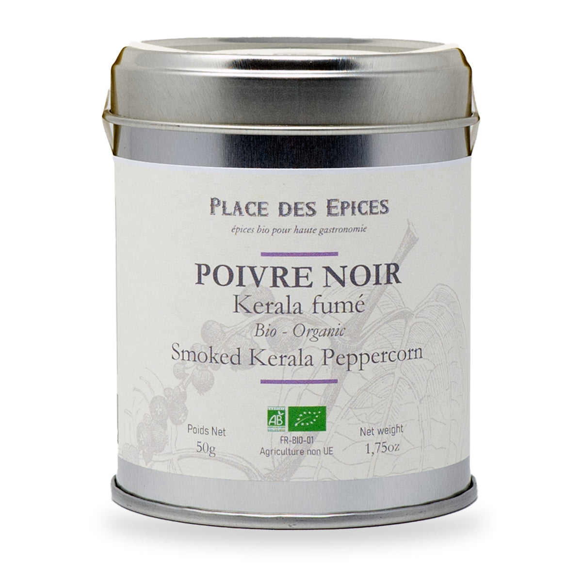 Black Peppercorn Smoked Kerala by Place des Épices, 50 g tin