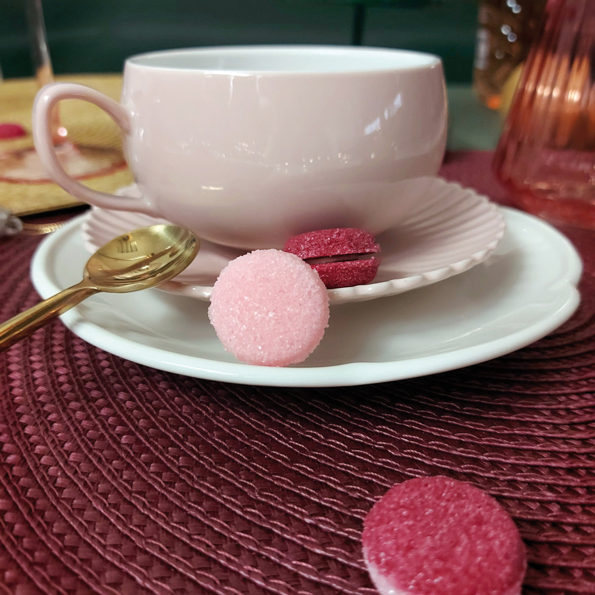 Canasuc Macarons à Paris pink and blackcurrant macaron sugars with a cup of tea