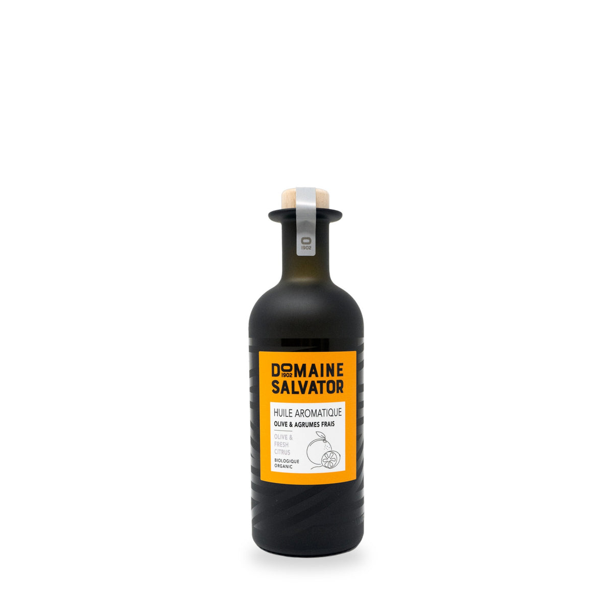 Huile aromatique aux agrumes frais du Domaine Salvator, bouteille en verre de 250 ml