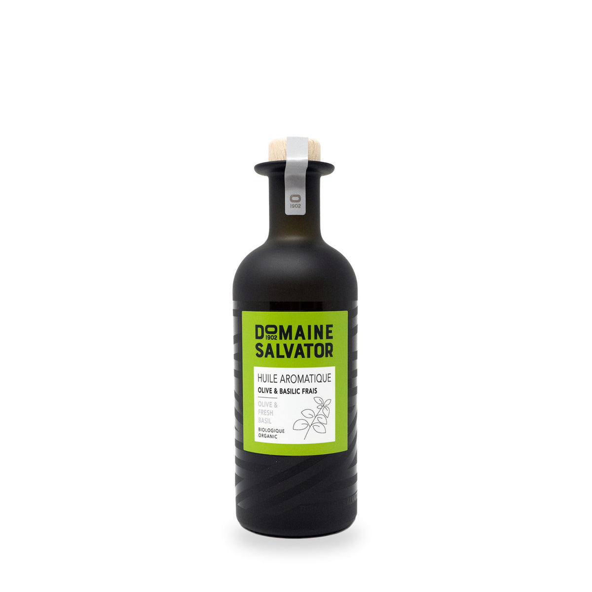 Huile aromatique au basilic frais du Domaine Salvator, bouteille en verre de 250 ml