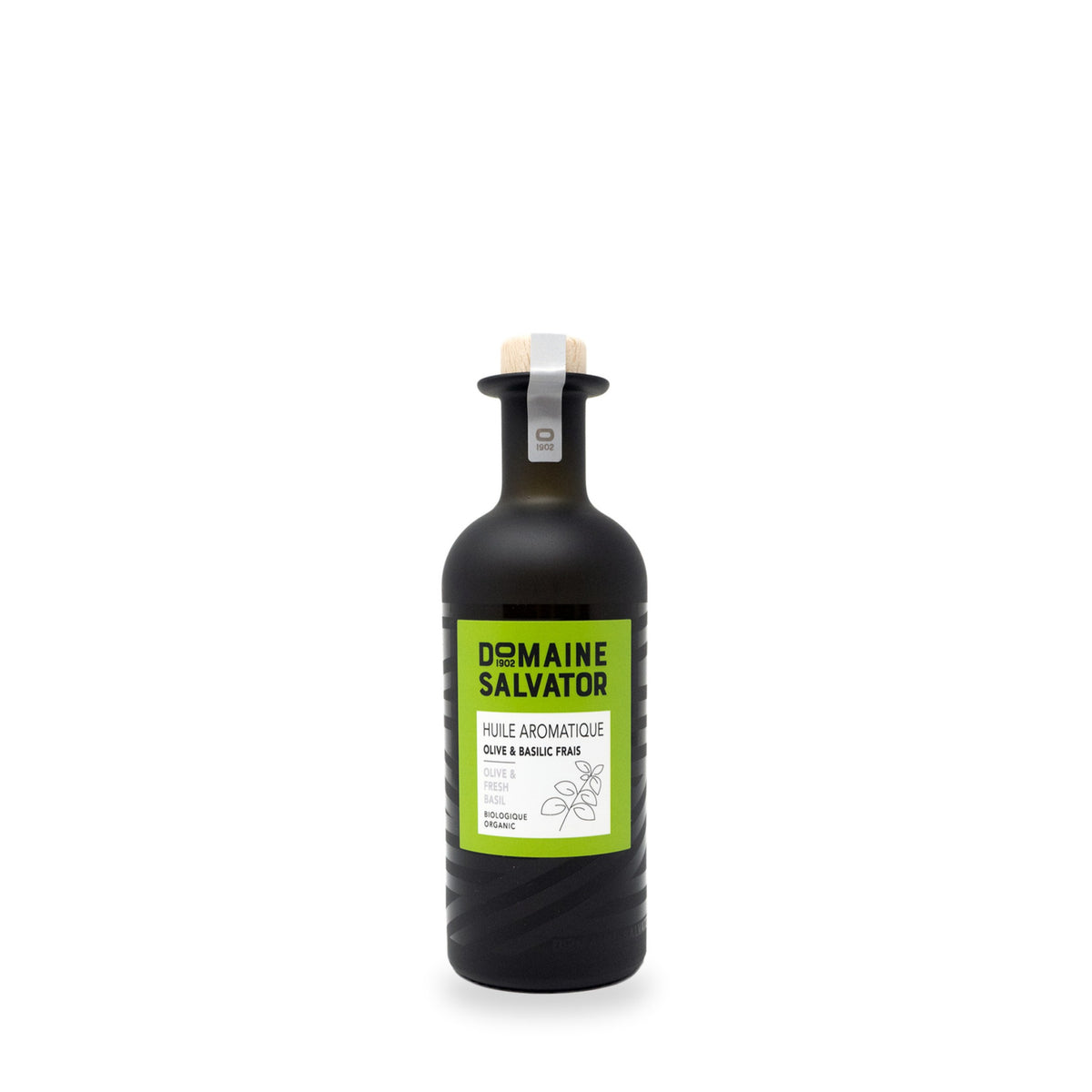 Huile aromatique au basilic frais du Domaine Salvator, bouteille en verre de 250 ml